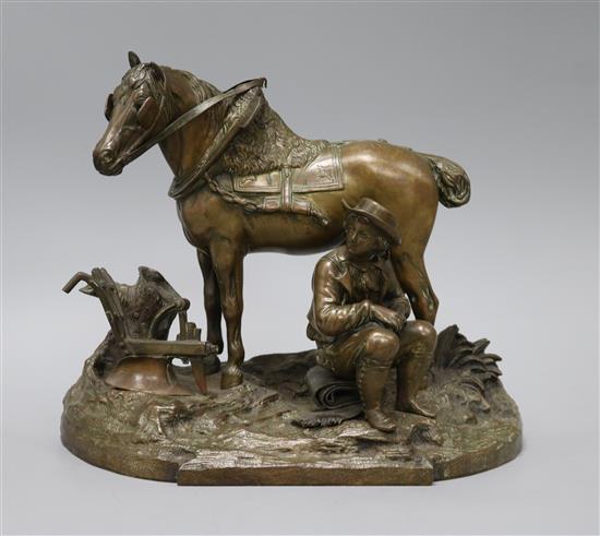 A Victorian bronze group of a ploughman and his horse height 25.5cm